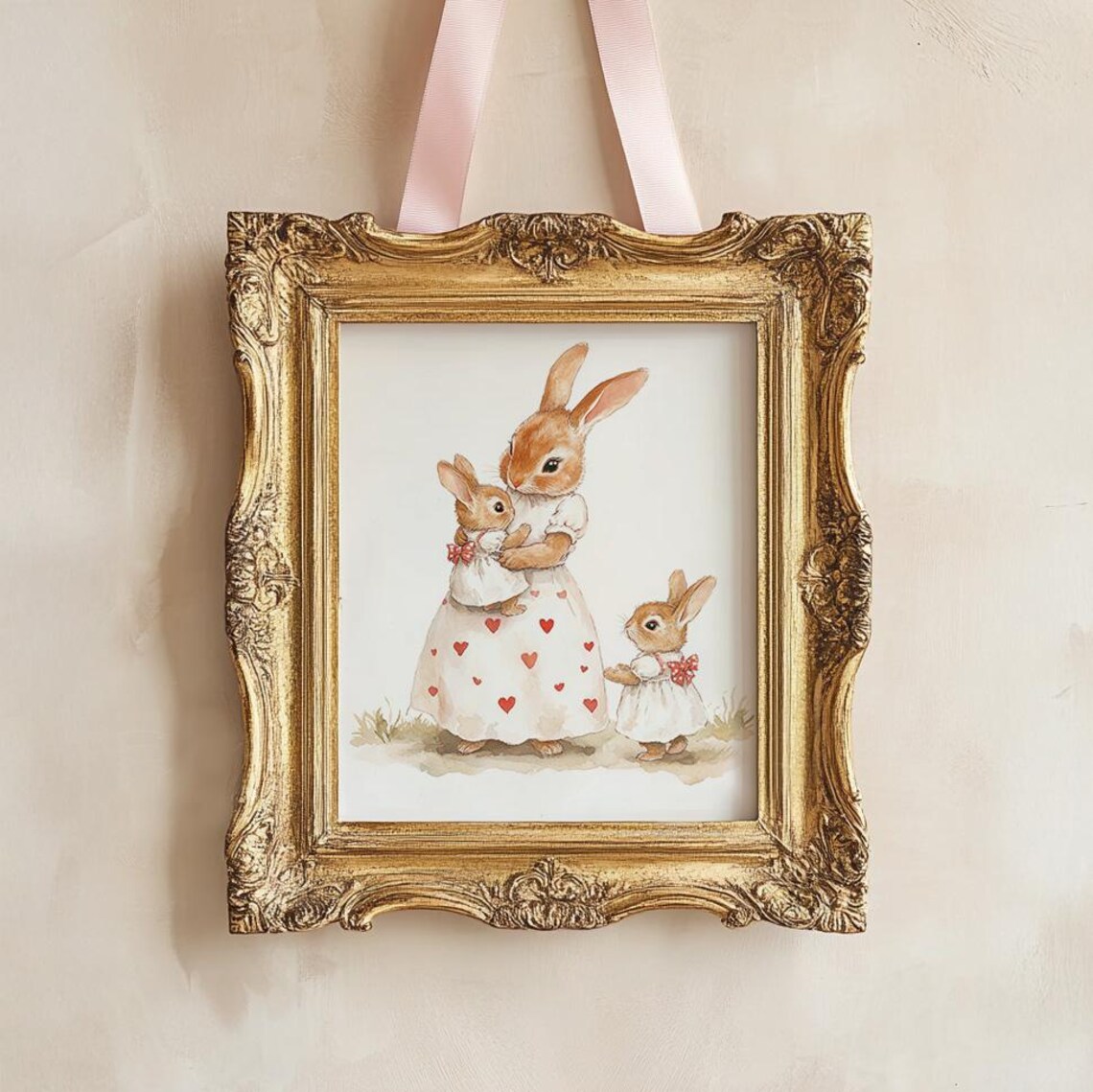 Mother Rabbit With Two Baby Bunnies Heart Dress Nursery Art Poster - Image 2