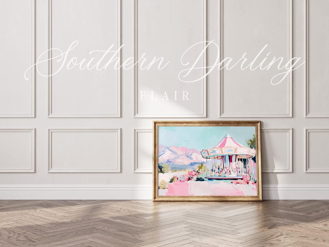 Pink And White Carousel With Mountains Pastel Amusement Art Poster - Image 3