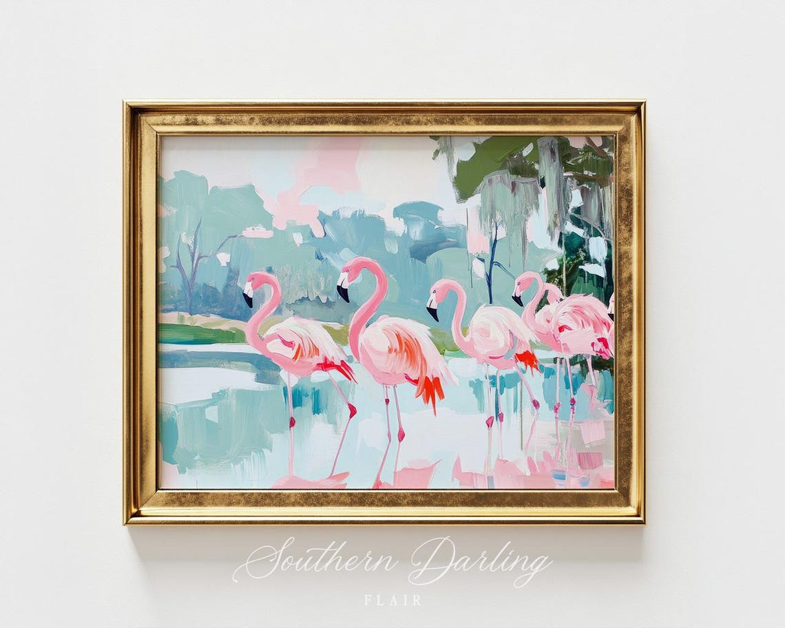 Pink Flamingos Wading In Lagoon Pastel Tropical Bird Art Poster