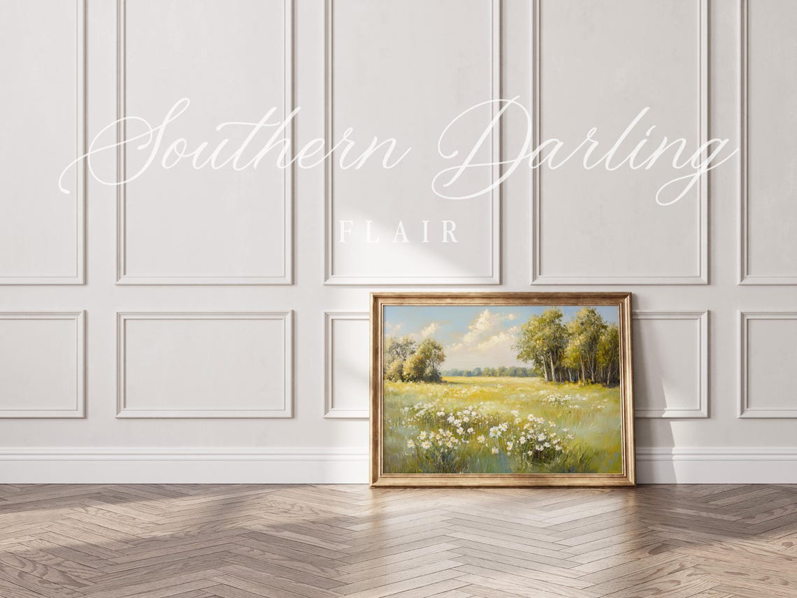 Vintage Daisy Meadow In Soft Green And Gold Countryside Poster - Image 4
