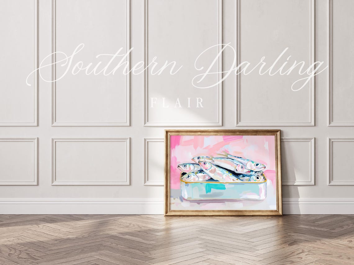Sardines In Tin Pastel Pink Background Whimsical Seafood Art Poster - Image 3
