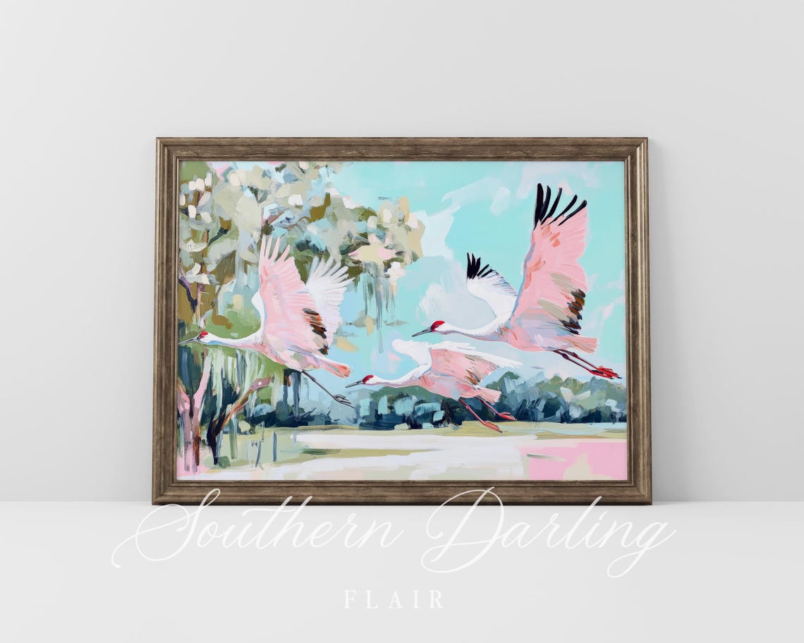 Three Sandhill Cranes In Flight Over A Pastel Marsh Landscape Poster - Image 5
