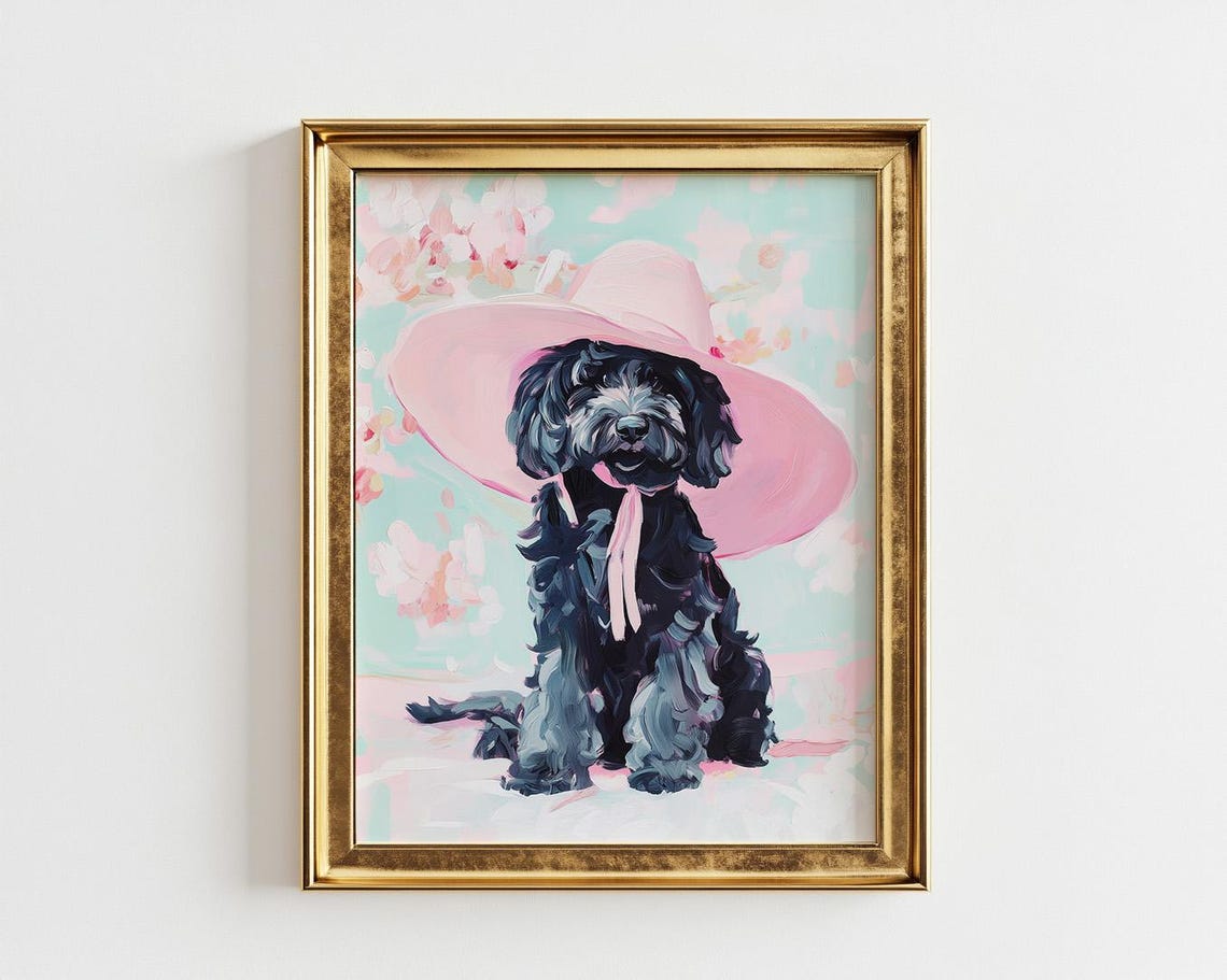 Black Goldendoodle In Pink Sun Hat Pastel Dog Portrait Art Poster