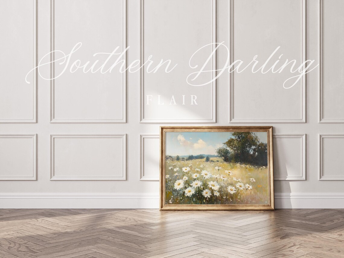Vintage White Daisy Field Wildflower Meadow Country Landscape Poster - Image 4
