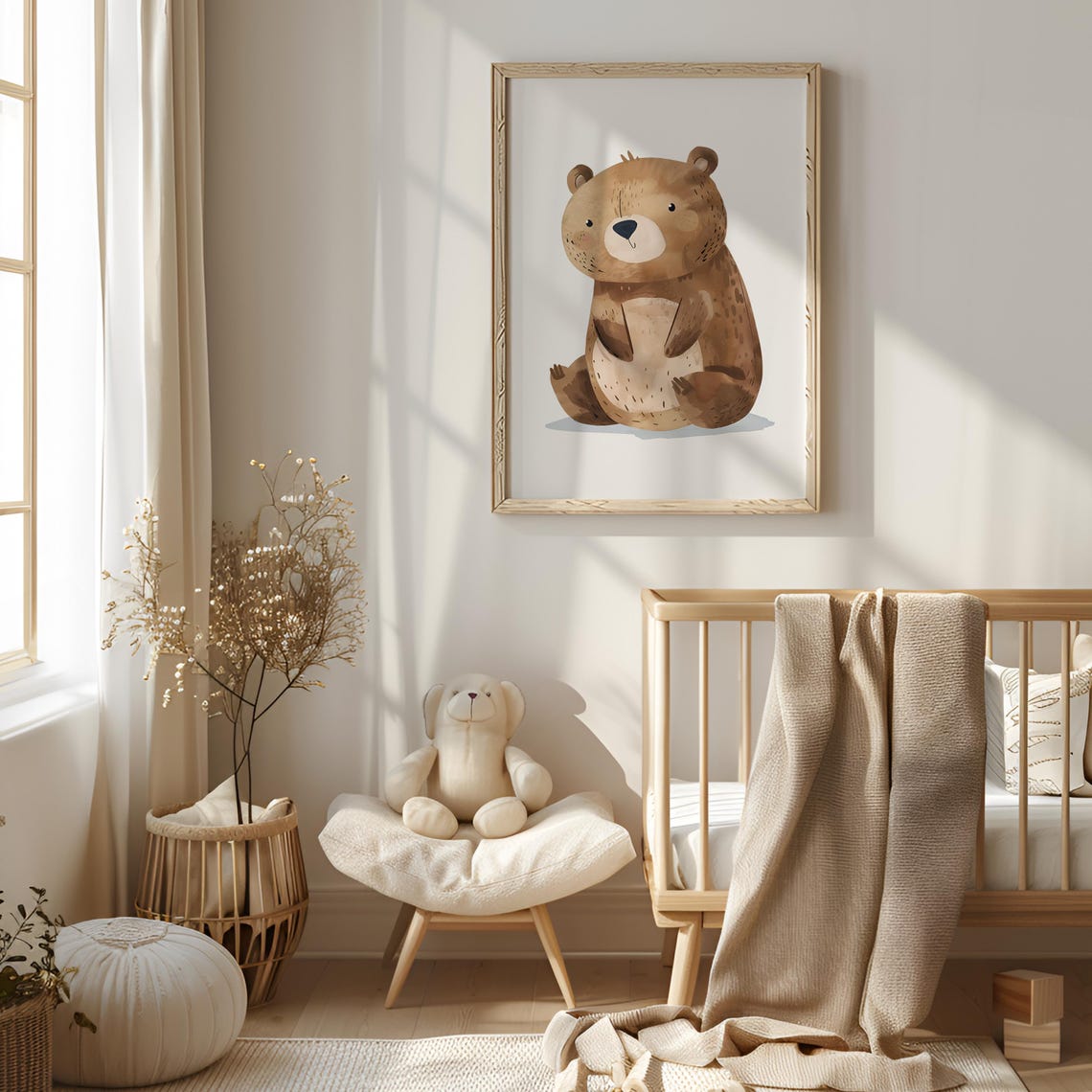 Cute Brown Bear Watercolor Woodland Nursery Room Decor Wall Art - Image 5