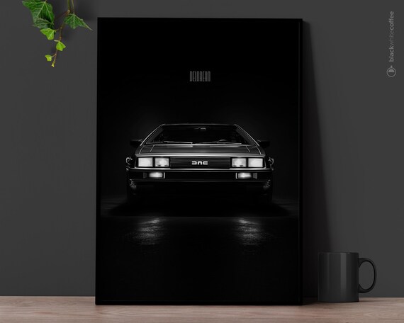 DeLorean DMC-12 Classic Black and White Front View Car Poster