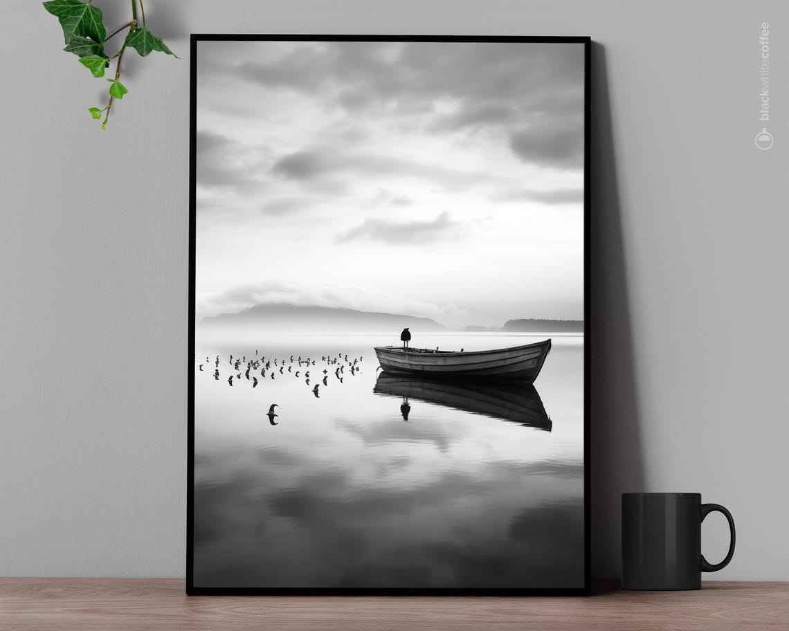 Abandoned Boat On Misty Lake Birds Black And White Photo Poster