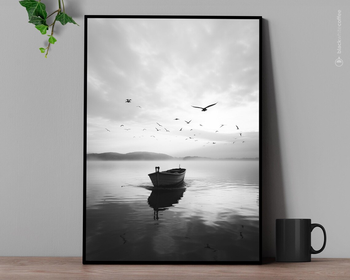 Lone Boat on a Misty Lake with Birds Black and White Photo Poster
