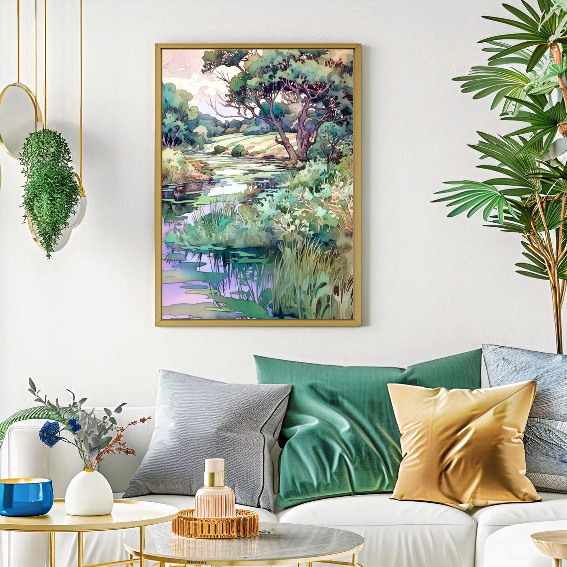 Lush Green Pond Under Tall Trees Watercolor Landscape Poster - Image 3