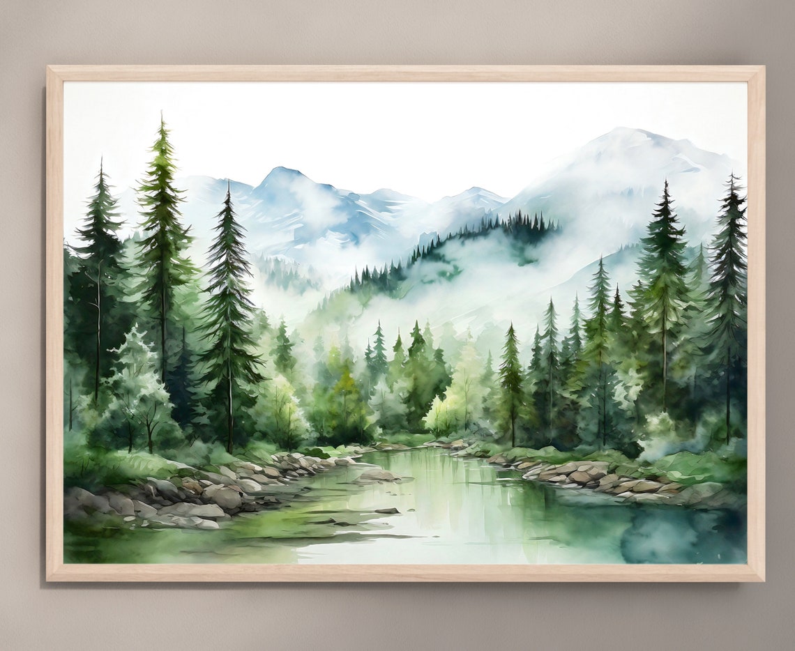 Misty Pine Forest with Mountain Stream Foggy Watercolor Poster - Image 4