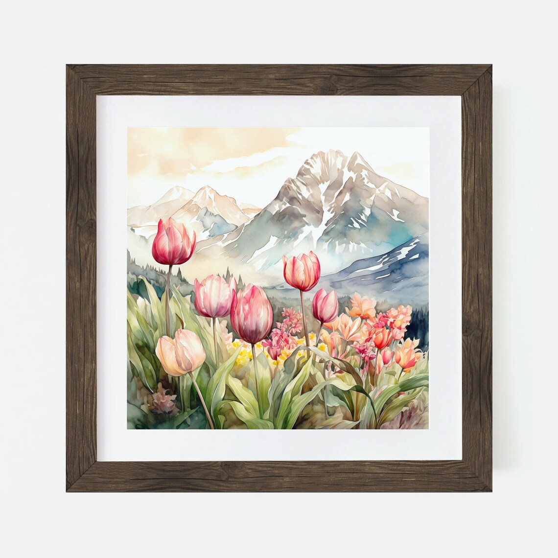 Tulips Flower Mountain Landscape Watercolor Art Print - Image 4