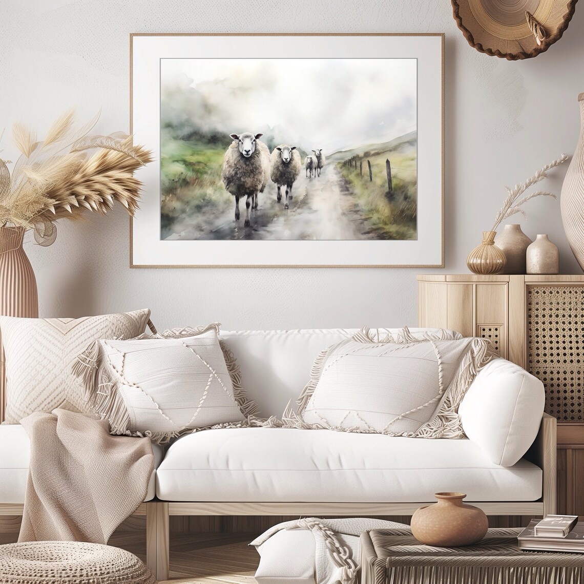 Irish Sheep Misty Country Lane Rustic Farm Animals Watercolor Poster - Image 4