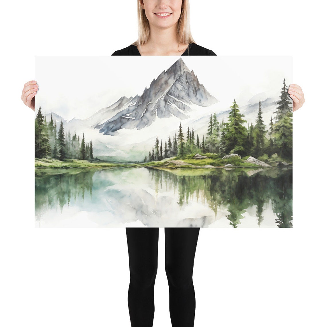 Mountain Lake Reflection Watercolor with Pines and Jagged Peak Poster - Image 4