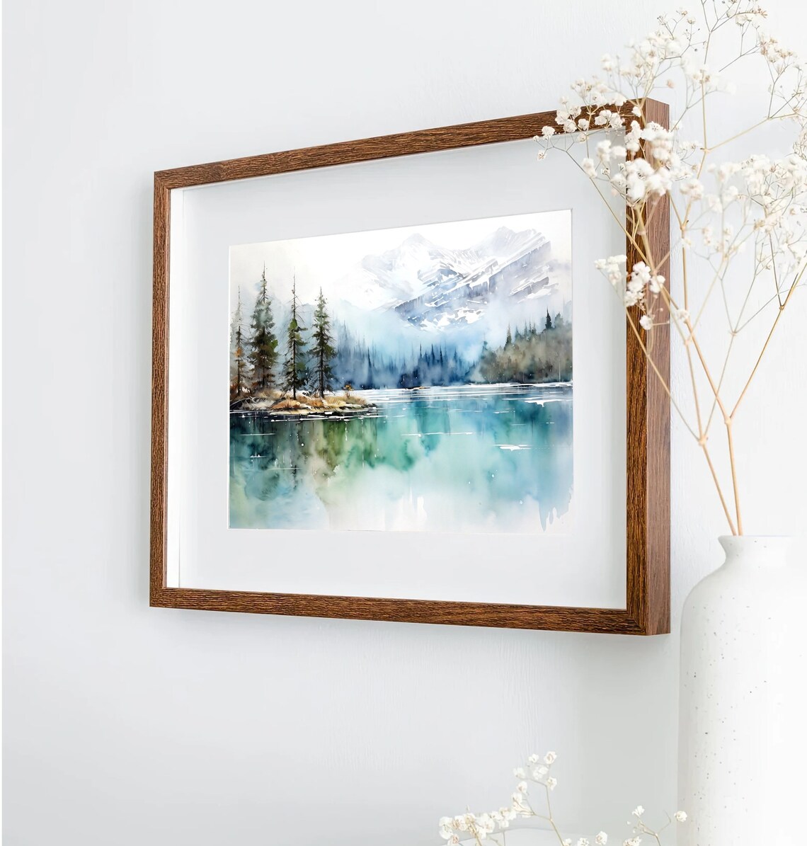 Misty Mountain Lake Snowy Peaks Pine Island Watercolor Poster - Image 5
