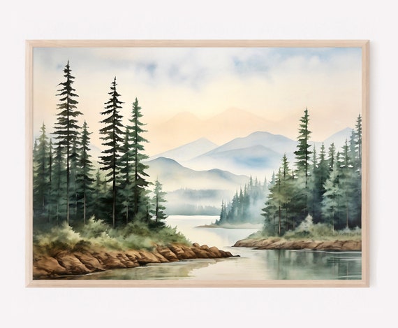 Misty Mountain Watercolor Art Print, Panoramic Landscape