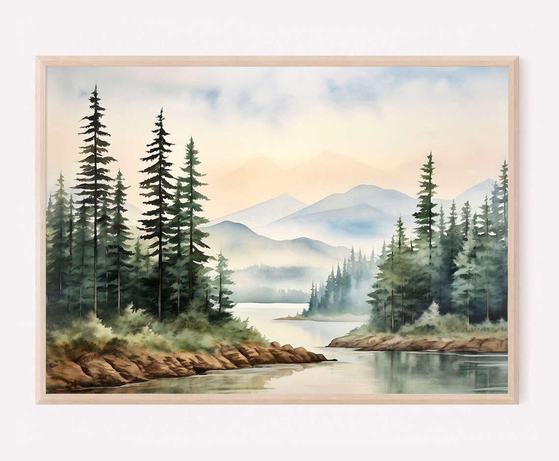 Misty Mountain Watercolor Art Print, Panoramic Landscape