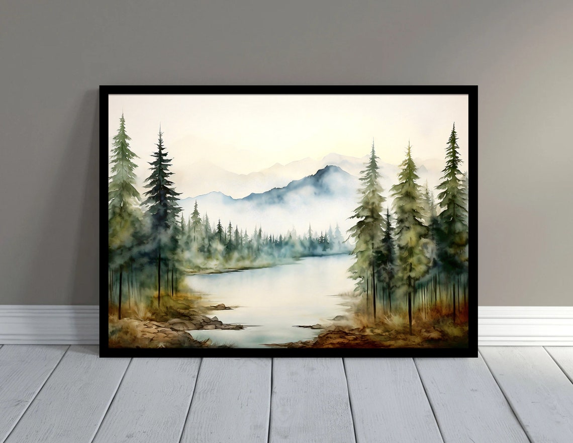 Misty Mountain Lake Tall Pine Forest Watercolor Scenery Poster - Image 3