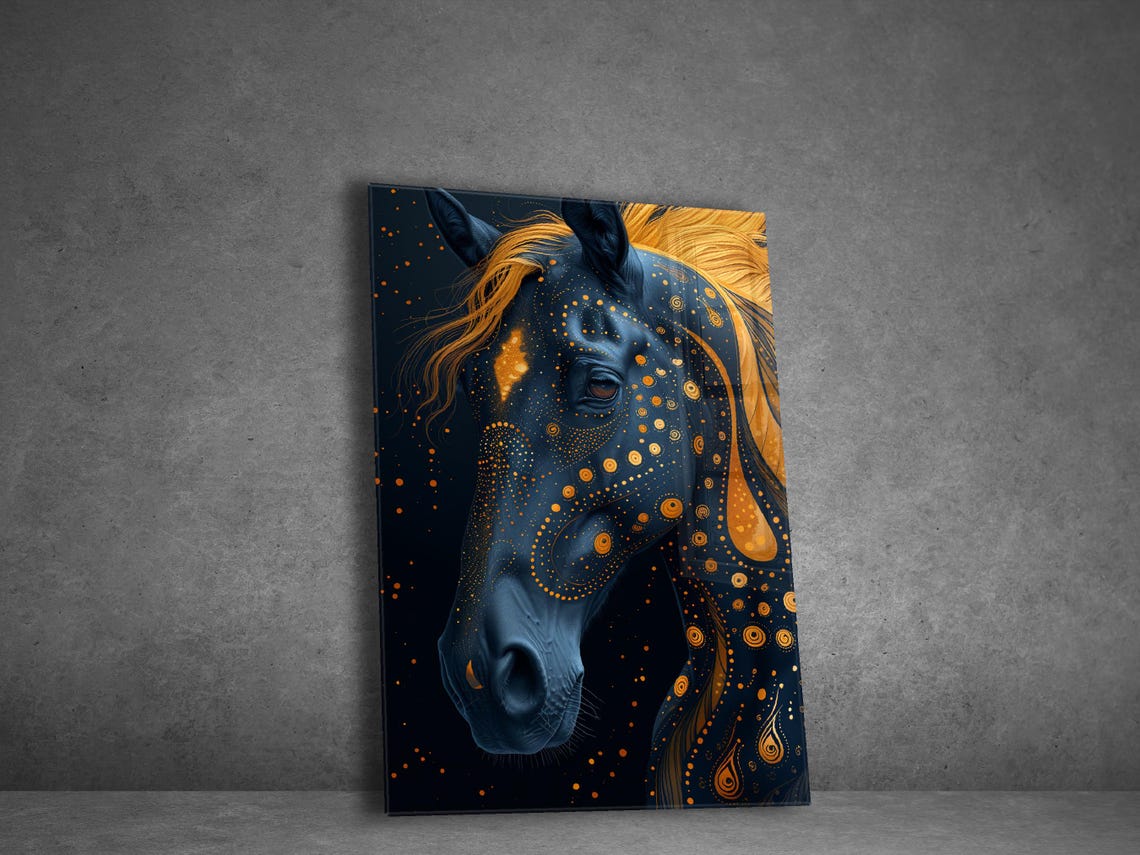 Black Horse Gold Mane Poster Swirl Dot Patterns Artistic Portrait