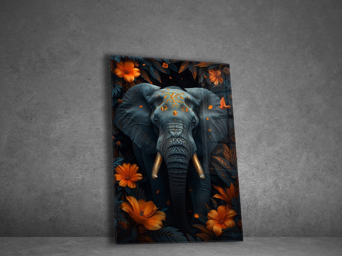 Elephant Orange Jungle Flowers Gold Tusks Dark Wildlife Art Poster