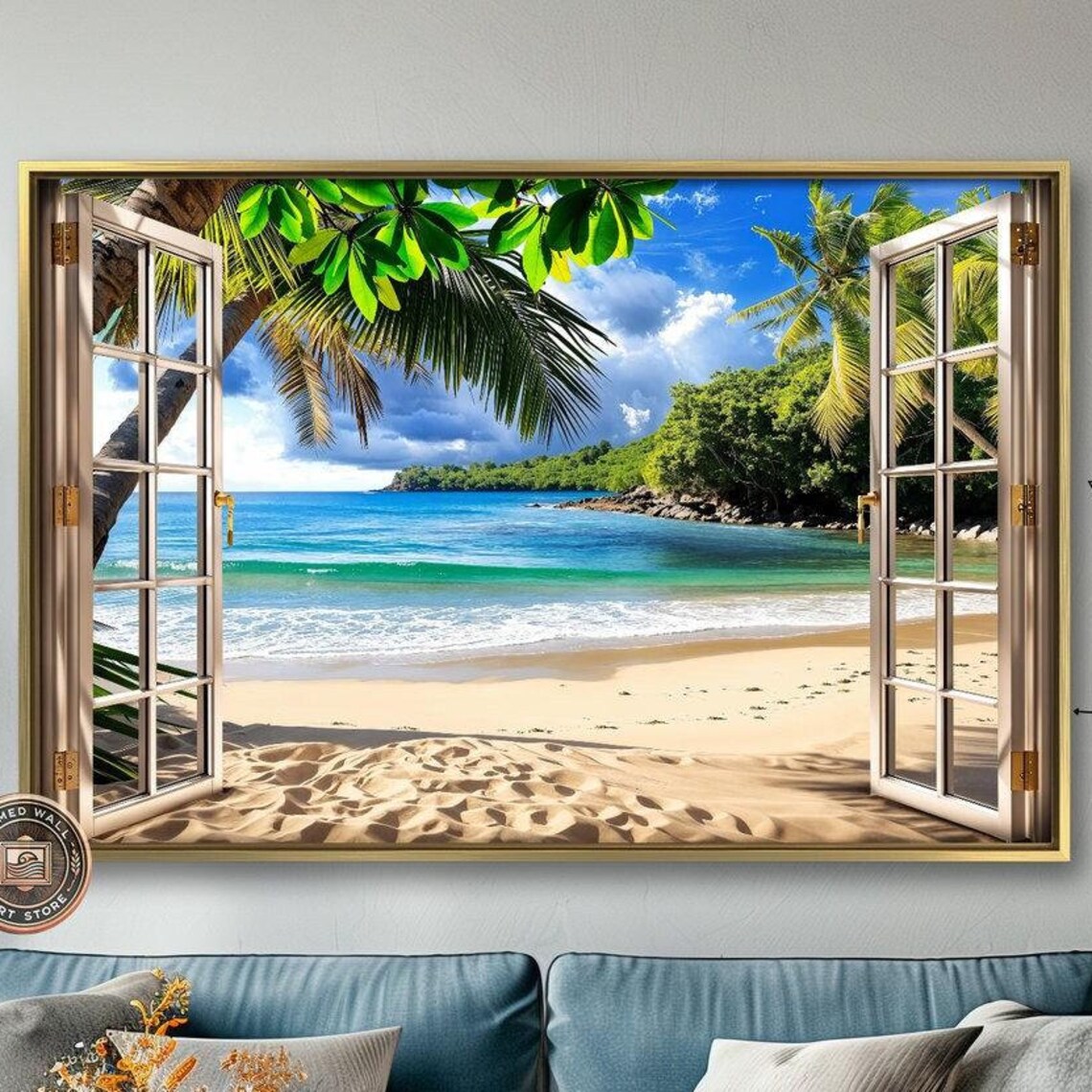 Ocean Sandy Beach Window View, Coastal Travel Poster