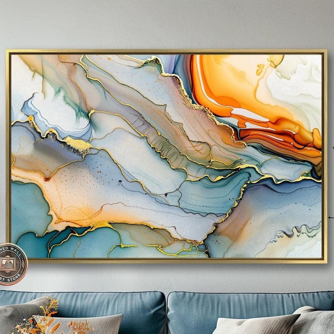Abstract Teal Orange Gold Marble Fluid Ink Luxury Wall Poster