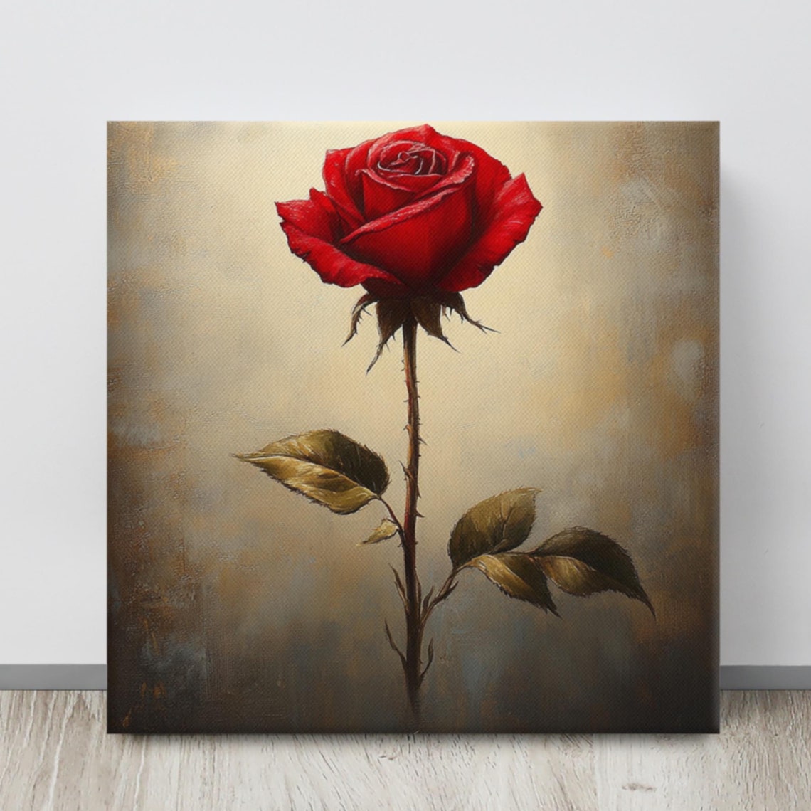 Single Red Rose Bloom Thorny Stem Vintage Painting Print Poster
