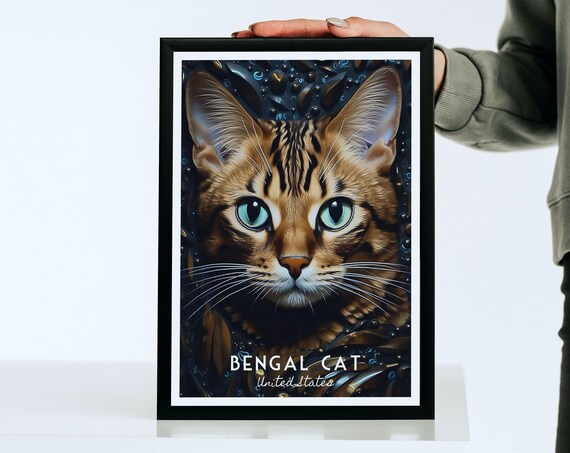 Bengal Cat Green Eyes Golden Mosaic Pet Portrait Poster for Home