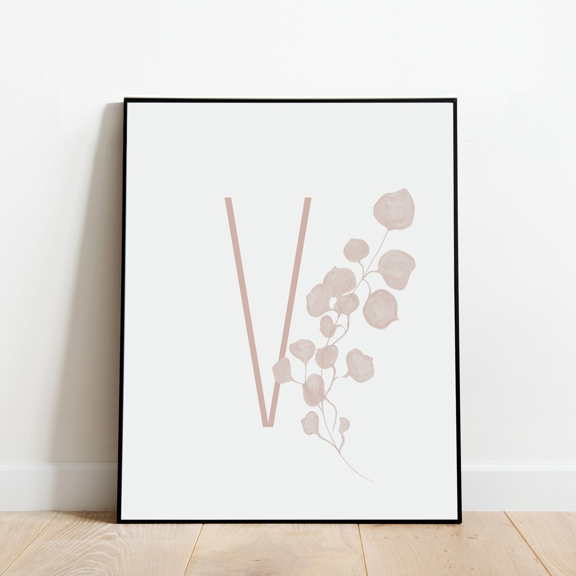 Letter V Monogram Botanical Eucalyptus Gray Initial Minimalist Poster - Image 2