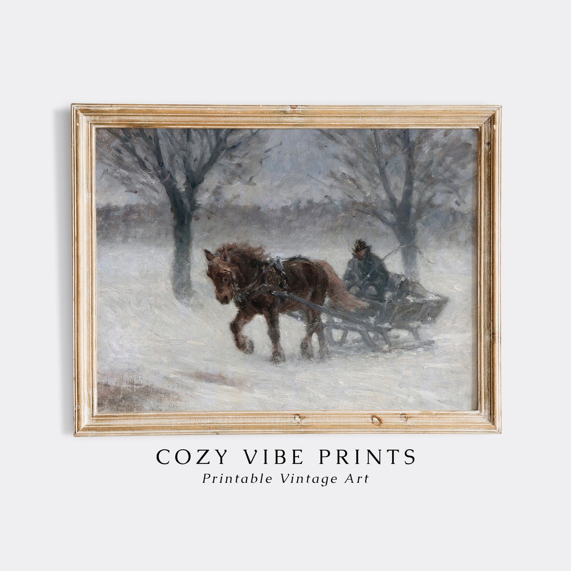 Vintage Horse Drawn Sleigh In Snowstorm Winter Scene Oil Poster