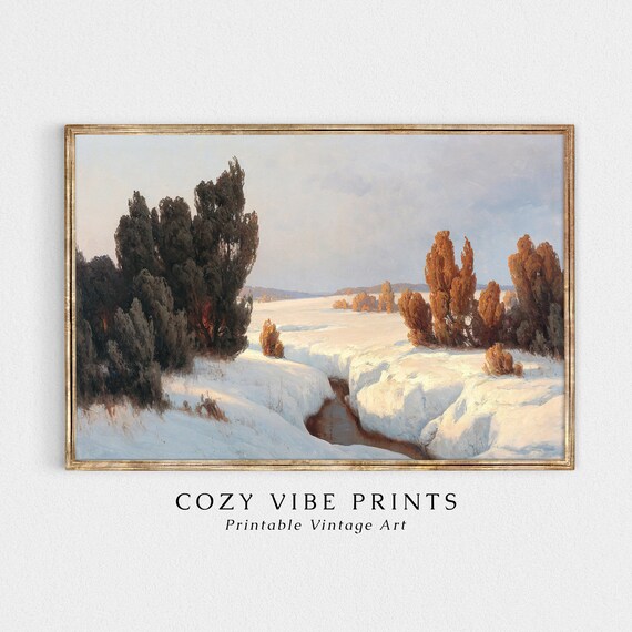 Vintage Snowy Brook At Sunset Golden Lit Winter Trees Landscape Poster