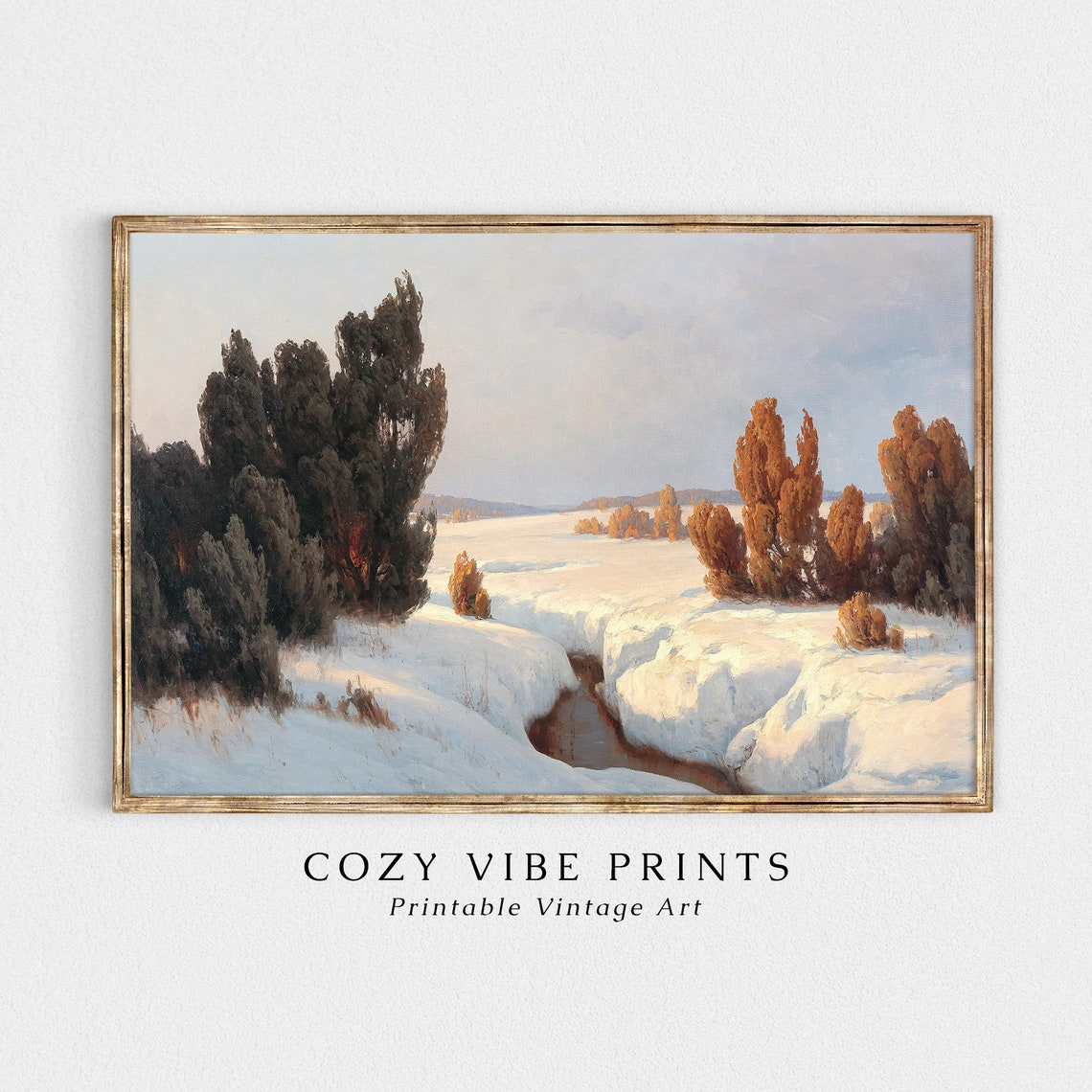 Vintage Snowy Brook At Sunset Golden Lit Winter Trees Landscape Poster