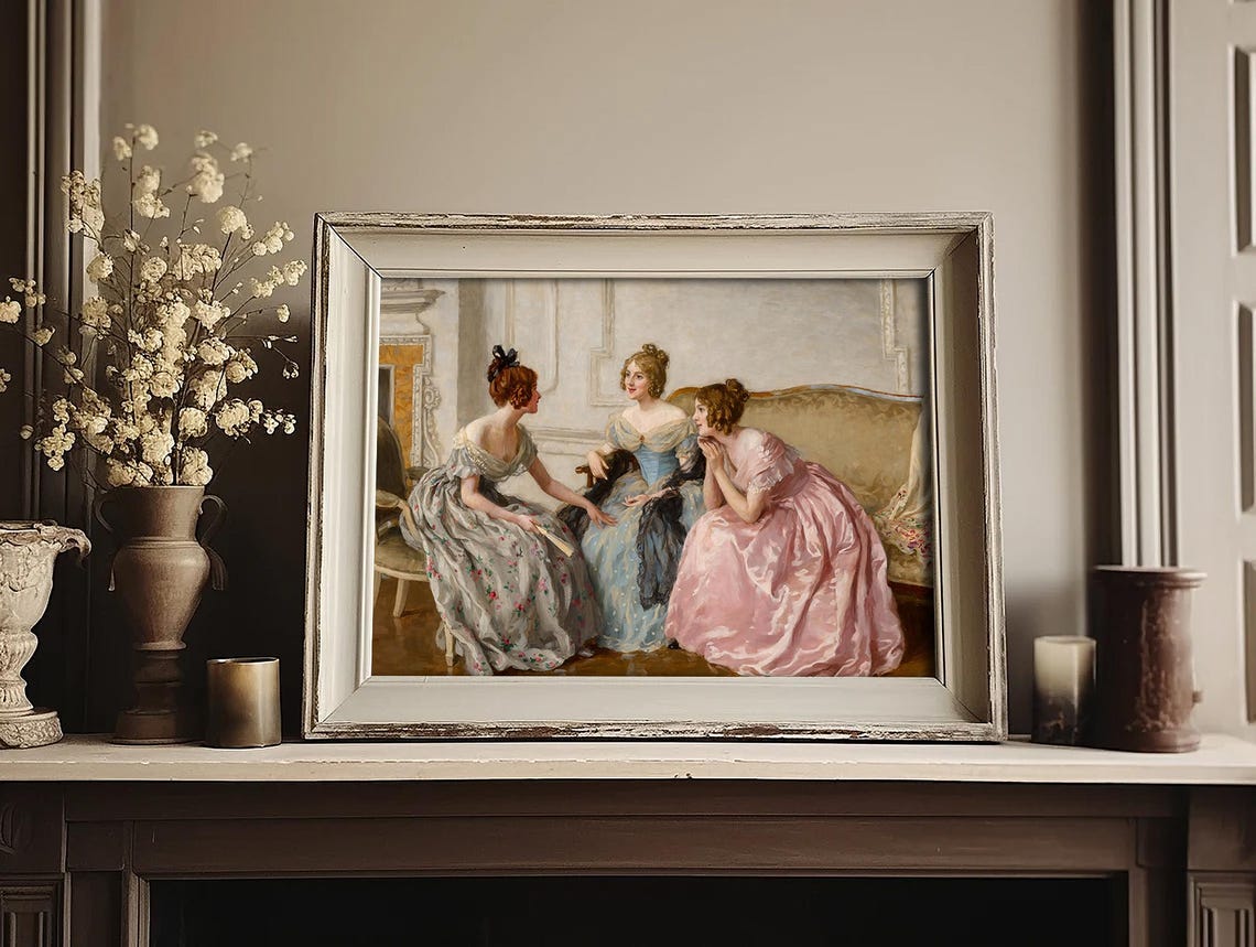 Three Victorian Women in Gowns Antique Parlor Portrait Painting Poster - Image 3