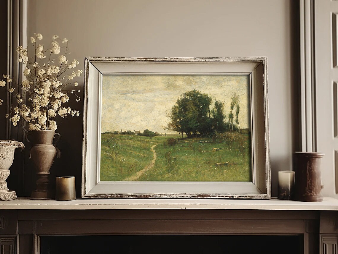 Green Field Country Path Village Vintage Pastoral Landscape Poster - Image 3