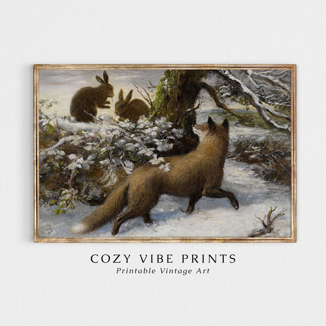 Fox and Rabbits in Snow Vintage Wildlife Winter Painting Wall Art