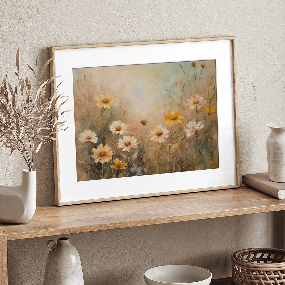 White Daisies Meadow Vintage Botanical Flower Field Painting Poster - Image 3