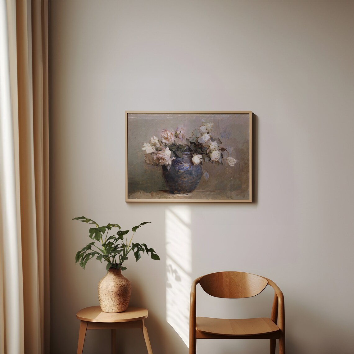 White Roses in Blue Vase Vintage Floral Still Life Painting Poster - Image 4