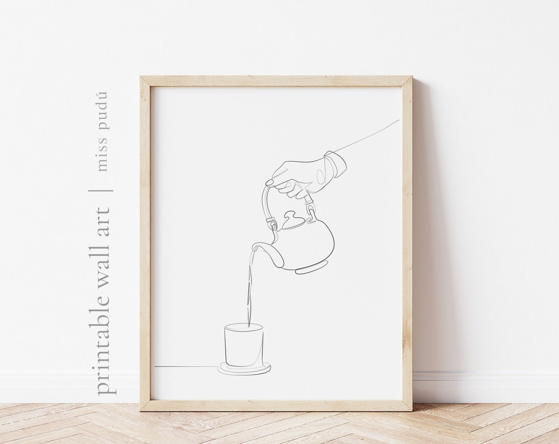 Tea Pouring Single Line Drawing Black And White Minimalist Print