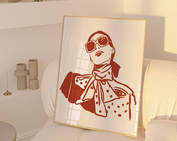 Chic Woman With Sunglasses Polka Dot Scarf Red Line Art Poster