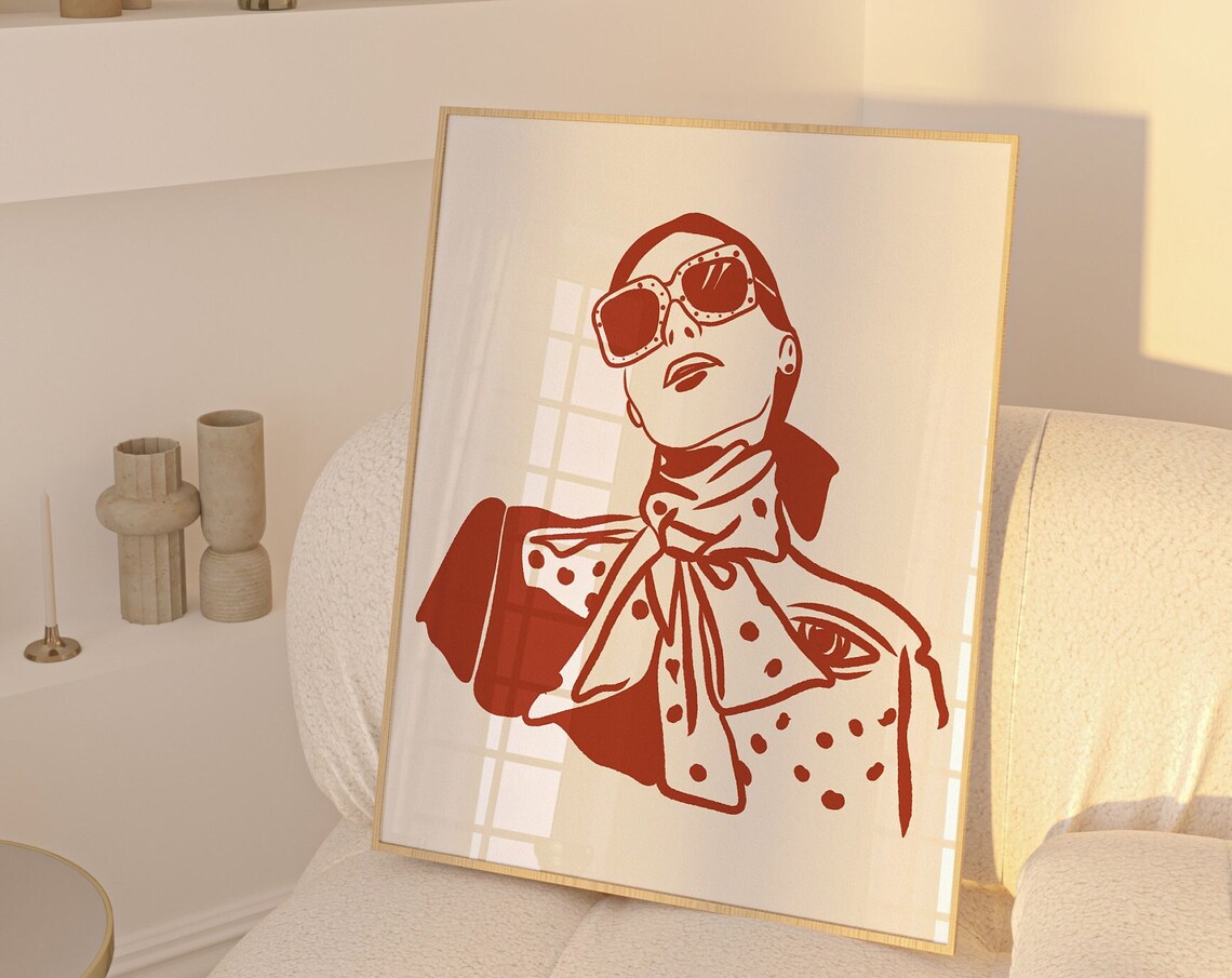 Chic Woman With Sunglasses Polka Dot Scarf Red Line Art Poster