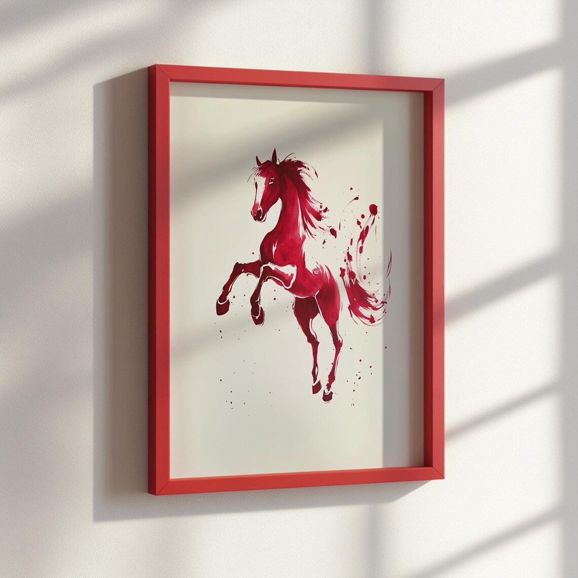 Red Ink Sumi Horse Rearing Brush Painting Asian Minimalist Style Poster - Image 2