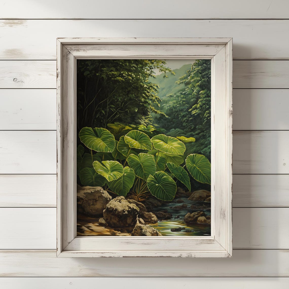 Taro Plants by Forest Stream Serene Tropical Nature Painting Print