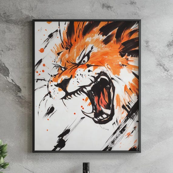 Roaring Tiger Brushstroke Art Print Japanese Ink Painting Style Bold Animal Wall Wild Expressionist Jungle Decor Instant