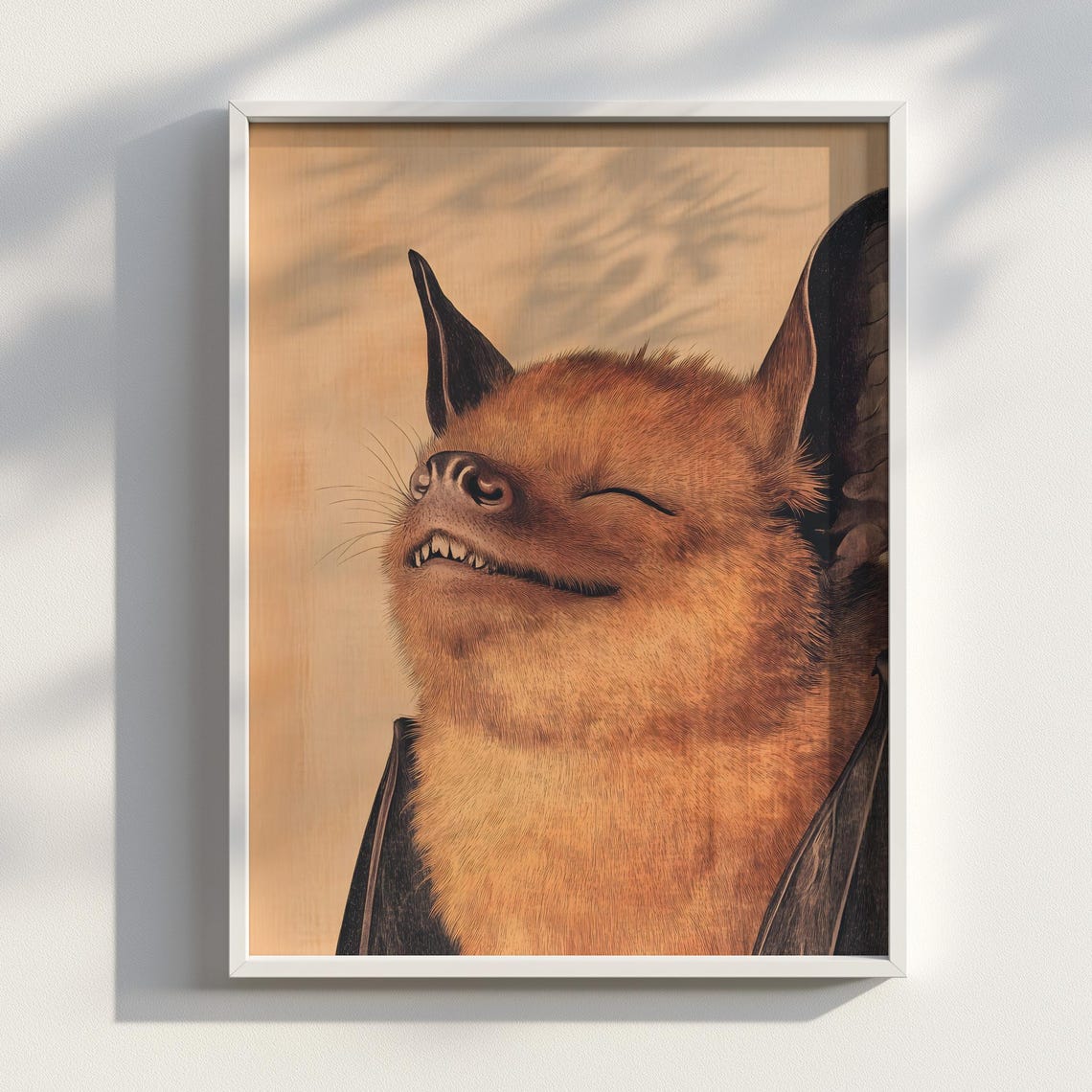 Smiling Bat Portrait Japanese Ukiyoe Ink Warm Brown Animal Art Poster
