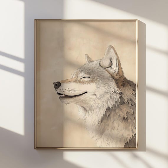 Smiling Wolf Portrait Ukiyoe Style Closed Eyes And Joyful Expression For Animal Lovers Decor