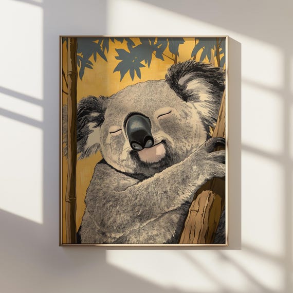 Ukiyoe Style Smiling Koala Portrait Traditional Japanese Ink Art Of Playful Cute Animal Wall Decor Unique Wildlife Gift For Home