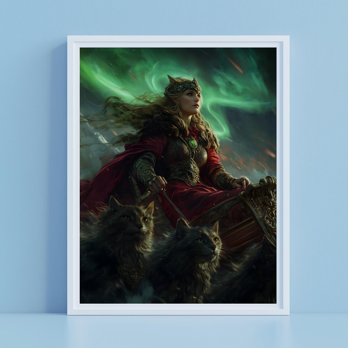 Freyja Norse Goddess Cat Chariot Aurora Night Fantasy Art Poster - Image 2
