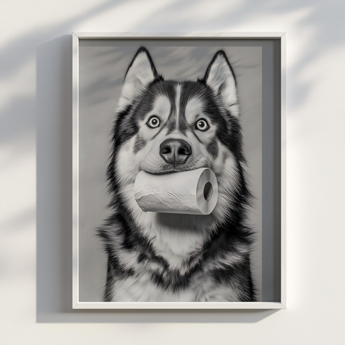 Funny Husky Holding Toilet Paper Wide Eyed Black White Dog Poster
