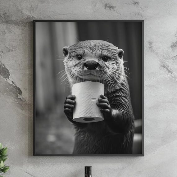 Funny Otter Toilet Paper Wall Art Black And White Bathroom Decor Quirky Animal Photography Print Playful Wildlife Poster Cute