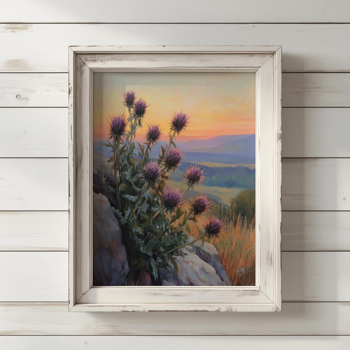 Thistle at Sunset Vibrant Wildflower Landscape Painting Print
