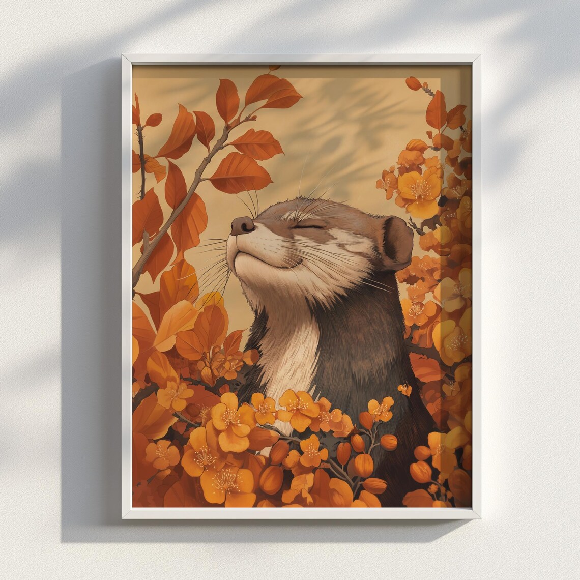 Otter Among Autumn Flowers Golden Orange Ukiyoe Floral Poster